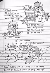Size: 2321x3392 | Tagged: safe, artist:dhm, oc, oc:anon-mare, oc:filly anon, arm behind head, bipedal, cloud, comic, drawing, earth pony, female, filly, foal, heart, imported from derpibooru, irritated, lined paper, lying down, lying on a cloud, lyrics, monochrome, on a cloud, on back, pen drawing, pencil drawing, pony, printer, relaxing, sitting, song reference, stars, text, traditional art