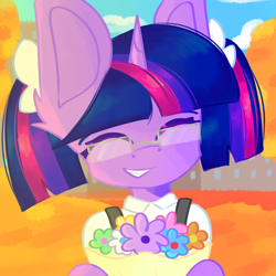 Size: 3000x3000 | Tagged: safe, artist:miaaqua, twilight sparkle, alternate hairstyle, autumn, bobcut, clothes, ear fluff, eyes closed, female, filly, flower, foal, g4, glasses, horn, imported from derpibooru, ponytail, ribbon, school, school uniform, schoolgirl, september, short hair, shoulders, sky, smiling, solo, unicorn, uniform