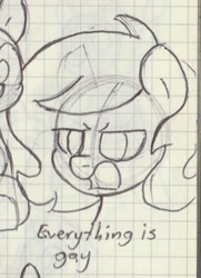 Size: 660x914 | Tagged: safe, artist:unitxxvii, oc, oc:filly anon, bust, dialogue, earth pony, female, filly, foal, frown, graph paper, imported from derpibooru, lidded eyes, looking at you, oc only, pen drawing, pony, solo, traditional art