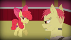 Size: 256x144 | Tagged: safe, artist:terton, apple bloom, fanfic:prisoner of the past, alternate hairstyle, clothes, duo, duo female, earth pony, female, filly, foal, g4, imported from derpibooru, looking at each other, looking at someone, mare, older, older apple bloom, picture for breezies, pony, prison outfit, prisoner, raised hoof, scar, self paradox, self ponidox
