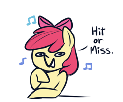 Size: 443x366 | Tagged: safe, artist:higglytownhero, apple bloom, 2018, bow, earth pony, female, filly, foal, g4, hair bow, hit or miss, imported from derpibooru, looking at you, music notes, pink bow, pony, raised hoof, simple background, text, upper body, white background