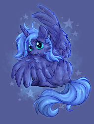 Size: 3200x4200 | Tagged: safe, artist:thunderball, princess luna, alicorn, blank flank, butt fluff, cheek fluff, cute, ear fluff, female, filly, floating star, fluffy, foal, g4, heart, heart eyes, imported from derpibooru, looking at you, looking back, looking back at you, missing accessory, pony, s1 luna, simple background, sitting, solo, spread wings, stars, violet background, wing fluff, wingding eyes, wings, young luna