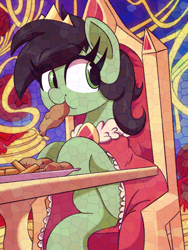 Size: 900x1200 | Tagged: safe, artist:spoonie, oc, oc:filly anon, chair, chicken tenders, cloak, clothes, earth pony, eating, eye clipping through hair, eyebrows, eyebrows visible through hair, female, filly, filly awwnon, foal, food, imported from derpibooru, meat, nom, oc only, ponies eating meat, pony, sitting, solo