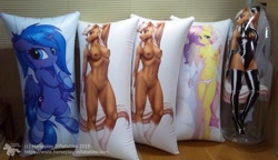 Size: 1280x739 | Tagged: explicit, artist:danli69, artist:fensu-san, artist:mykegreywolf, artist:twiren, fluttershy, princess luna, oc, alicorn, anthro, bed, belly, belly button, body pillow, breasts, clothes, epona, female, filly, filly luna, foal, g4, genitals, imported from derpibooru, indoors, irl, latex, legwear, leotard, mare, nipples, nudity, panties, photo, pony, s1 luna, socks, solo, striped socks, the legend of zelda, thigh highs, underwear, vulva, woona, younger