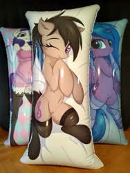 Size: 960x1280 | Tagged: explicit, artist:danli69, artist:twiren, princess luna, rarity, alicorn, anthro, bed, belly, belly button, blushing, body pillow, body pillow design, breasts, clothes, collaboration, earth pony, female, filly, filly luna, floppy ears, foal, g4, genitals, human vulva, human vulva on pony, imported from derpibooru, indoors, irl, legwear, looking at you, lying down, mare, nudity, octavia melody, on side, one eye closed, photo, pony, s1 luna, semi-anthro, socks, stockings, striped socks, thigh highs, vulva, woona, younger