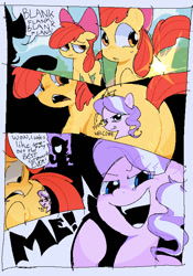 Size: 525x752 | Tagged: safe, artist:ghostopals, apple bloom, diamond tiara, alternate cutie mark, apple bloom's bow, bow, butt, comic, dialogue, duo, earth pony, female, filly, foal, g4, hair bow, imported from derpibooru, jewelry, plot, pony, speech bubble, tiara