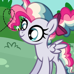 Size: 2048x2048 | Tagged: safe, artist:grelkastrelka, oc, oc:sky sorbet, bee, bow, curly hair, female, filly, foal, hair bow, imported from derpibooru, insect, multicolored hair, oc only, outdoors, pegasus, pegasus oc, pony, smiling, solo, wings, younger
