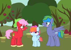 Size: 1024x730 | Tagged: safe, artist:kannayui, oc, oc:gala apple, oc:skybolt, oc:spectrum chaser, earth pony, female, filly, foal, imported from derpibooru, male, mare, offspring, outdoors, parent:big macintosh, parent:cheerilee, parent:rainbow dash, parent:soarin', parents:cheerimac, parents:soarindash, pegasus, pony, stallion