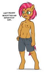 Size: 800x1300 | Tagged: questionable, artist:cold-blooded-twilight, artist:deserter, babs seed, annoyed, anthro, banned from derpibooru, belly button, blushing, breasts, chest freckles, clothes, denim shorts, ear twitch, earth pony, edit, embarrassed, female, freckles, hip freckles, imported from twibooru, lolicon, male swimwear challenge, nipples, nudity, partial nudity, shorts, shoulder freckles, simple background, small breasts, solo, solo female, teenager, topless, transparent background, underage