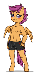 Size: 600x1200 | Tagged: questionable, artist:cold-blooded-twilight, artist:deserter, editor:deserter, scootaloo, anthro, banned from derpibooru, belly button, blushing, breasts, clothes, confident, delicious flat chest, edit, female, grin, hand on hip, imported from twibooru, lolicon, looking at you, male swimwear challenge, nipples, nudity, partial nudity, pegasus, reverse trap, simple background, small breasts, smiling, solo, solo female, swimming trunks, topless, transparent background, underage