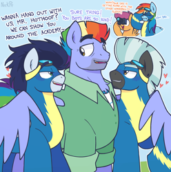 Size: 2460x2482 | Tagged: safe, artist:awessomest29761, rainbow dash, scootaloo, blushing, bow hothoof, bow hothoof gets all the stallions, camera, clothes, dilf, embarrassed, eyes closed, facehoof, facial hair, female, filly, five o'clock shadow, floating heart, foal, g4, gay, heart, imported from derpibooru, male, mare, my little pony: friendship is magic, parental glideance, pegasus, pony, soarin', stallion, thunderlane, uniform, wing around shoulder, wonderbolts uniform