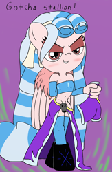 Size: 1336x2048 | Tagged: questionable, artist:tenebrousmelancholy, anthro, blushing, captured, clothes, cozy glow, eyeshadow, female, forced perspective, imported from twibooru, jailbait, lolicon, makeup, male, offscreen character, offscreen male, partial nudity, pegasus, pov, seductive look, showgirl skirt, simple background, solo, strategically covered, text, this will end in jail time, tube top, underage, undressing, unguligrade anthro, young