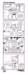 Size: 2695x7016 | Tagged: safe, artist:norisle, apple bloom, applejack, button mash, comic:video game is magic, 4 panel comic, angry, apple, apple family, apple family member, big macintosh, bright mac, colt, comic, earth pony, eyes closed, family guy death pose, female, filly, floppy ears, foal, food, frown, g4, granny smith, gravestone, grayscale, imported from derpibooru, invincible, lineart, looking at you, male, mare, messy, monochrome, pear butter, rain, stallion, sweet apple acres, thragg and viltrumites, tree, video game logic