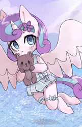 Size: 2582x4000 | Tagged: safe, artist:choyamy, princess flurry heart, :<, alicorn, blue swimsuit, blushing, bow swimsuit, clothes, cute, female, filly, flower, flower in hair, flurrybetes, flying, foal, full body, g4, holding, imported from derpibooru, looking at you, ocean, older, one-piece swimsuit, outdoors, plushie, pony, semi-anthro, solo, spread wings, swimsuit, swimsuit skirt, teddy bear, thigh straps, water, wings