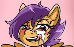 Size: 436x281 | Tagged: suggestive, artist:magnum3000, scootaloo, anthro, bandaid, banned from derpibooru, bedroom eyes, blushing, cum, female, gradient background, imported from twibooru, licking, licking lips, lolicon, open mouth, pegasus, smiling, solo, tongue out, underage