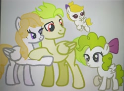 Size: 2661x1961 | Tagged: safe, artist:oumirot, oc, oc:amazing, oc:gale lily, oc:unique (surprise's mother), baby, bowtie, family, female, filly, filly surprise, flying, foal, g1, g1 to g4, g4, galeprise sister, generation leap, imported from derpibooru, pegasus, photo, picture of a screen, pony, surprise, surprise family
