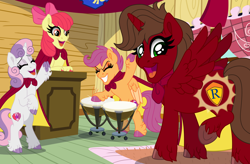 Size: 1600x1047 | Tagged: safe, artist:liv-and-b-merry, apple bloom, scootaloo, sweetie belle, oc, oc:rosanna mayfield, alicorn, alicorn oc, bongos, cape, cheering, clothes, cmc cape, commission, cutie mark, cutie mark crusaders, cutiespark, earth pony, eyes closed, female, filly, foal, g4, grin, horn, imported from derpibooru, indoors, musical instrument, open mouth, open smile, pegasus, pony, quadrupedal, smiling, unicorn, wings, ych result