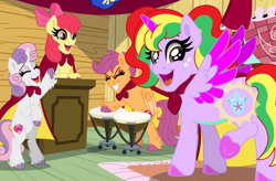 Size: 1600x1047 | Tagged: safe, artist:liv-and-b-merry, apple bloom, scootaloo, sweetie belle, oc, oc:starling shield, alicorn, alicorn oc, bongos, cape, cheering, clothes, clubhouse, cmc cape, commission, crusaders clubhouse, cutie mark crusaders, cutiespark, earth pony, eyes closed, female, filly, foal, g4, grin, happy, horn, imported from derpibooru, indoors, looking over shoulder, open mouth, open smile, pegasus, pony, quadrupedal, smiling, unicorn, wings, ych result