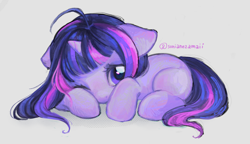 Size: 2991x1725 | Tagged: safe, artist:sonianezamaii, twilight sparkle, blank flank, cute, daaaaaaaaaaaw, female, filly, filly twilight sparkle, floppy ears, foal, g4, gray background, high res, horn, imported from derpibooru, lying down, one eye closed, pony, prone, signature, simple background, solo, twiabetes, unicorn, unicorn twilight, younger