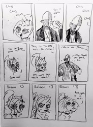 Size: 2231x3048 | Tagged: safe, artist:pony quarantine, oc, oc:dyx, oc:ponyquarantine, series:pq funnies, alicorn, angry, baboon, bandana, chug chug chug chug, cigarette, comic, comic strip, duo, duo male and female, eye clipping through hair, female, filly, foal, grayscale, human, imported from derpibooru, male, monochrome, oc only, open mouth, open smile, pencil drawing, pepto-bismol, pony, scowl, smiling, species swap, tongue out, traditional art