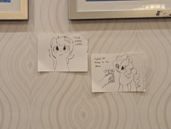 Size: 2048x1536 | Tagged: safe, artist:neuro, pinkie pie, oc, oc:filly anon, :p, blush lines, blushing, dialogue, dollar, earth pony, female, filly, foal, g4, hand, human, imported from derpibooru, irl, mare stare, money, photo, pony, text, tongue out, traditional art
