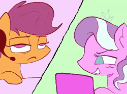Size: 1440x1080 | Tagged: safe, artist:yestermaisyy, apple bloom, diamond tiara, scootaloo, sweetie belle, animated, apple bloom's bow, bow, computer, cutie mark crusaders, earth pony, female, filly, foal, g4, hair bow, headphones, headset, headset mic, horn, imported from derpibooru, laptop computer, pegasus, playing video games, pony, sound, unicorn, webm