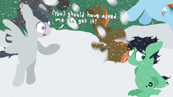 Size: 1920x1080 | Tagged: safe, button mash, rainbow dash, oc, oc:colt anon, anonymous artist, colt, dialogue, digging, earth pony, female, flying, foal, frown, g4, imported from derpibooru, lineless, looking away, male, mare, messy mane, messy tail, motion blur, no pupils, outdoors, pegasus, rumble, sitting, snow, snowfall, stallion, tail, thunderlane