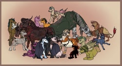 Size: 1877x1021 | Tagged: safe, artist:vahtank, oc, oc:cookie cheetos, oc:horncrusher, 2023, alicorn, ashes town, bat pony, brahmin, colt, cow, curly mane, curved horn, dark body, disabled, earth pony, fallout, fallout equestria, feather, feathered wings, female, filly, foal, full body, glasses, gradient background, griffon, group, gun, height difference, horn, hybrid, imported from derpibooru, light body, lying down, male, mare, multiple heads, nudity, oc only, open mouth, pegasus, pony, prothesis, quadrupedal, scar, sitting, size difference, stallion, standing, sunglasses, teenager, two heads, unicorn, weapon, wings, young, zebra, zebroid, zony