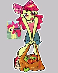 Size: 1988x2500 | Tagged: safe, artist:kiheyyy, apple bloom, adorabloom, apple, bag, clothes, cute, earth pony, female, filly, foal, food, g4, human, humanized, imported from derpibooru, open mouth, outline, pony, pony coloring, screencap reference, shorts, signature, solo, white outline