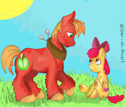 Size: 1392x1181 | Tagged: safe, artist:lover-of-things1, apple bloom, artist name, big macintosh, bow, brother and sister, earth pony, female, filly, foal, freckles, full body, g4, grass, hair bow, imported from derpibooru, looking at each other, looking at someone, male, outdoors, pink bow, pony, siblings, sky, stallion, sun, text, unshorn fetlocks, yoke