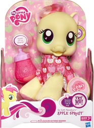 Size: 1110x1500 | Tagged: safe, apple sprout, baby, baby bottle, baby pony, baby sprout, bottle, box, box cover, cute, diaper, diaper sprout, earth pony, electronic toy, female, filly, foal, g4, g4 logo, hasbro, hasbro logo, heart, heart eyes, high res, hub logo, implied apples, imported from derpibooru, irl, logo, my little pony logo, official, photo, pony, simple background, so soft, speech bubble, the hub, toy, try me, white background, wingding eyes
