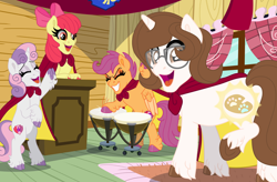 Size: 1600x1047 | Tagged: safe, artist:liv-and-b-merry, apple bloom, scootaloo, sweetie belle, oc, bongos, cape, clothes, cmc cape, commission, cutie mark crusaders, cutiespark, earth pony, eyes closed, female, filly, foal, g4, grin, horn, imported from derpibooru, indoors, open mouth, open smile, pegasus, pony, quadrupedal, smiling, unicorn, ych result