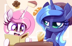 Size: 2048x1337 | Tagged: safe, artist:amix flare, princess celestia, princess luna, alicorn, big eyes, bread, cake, cewestia, drink, drinking, drinking straw, duo, duo female, female, filly, filly luna, foal, food, g4, imported from derpibooru, juice, menu, missing accessory, open mouth, open smile, pink-mane celestia, pony, s1 luna, siblings, sisters, smiling, woona, younger