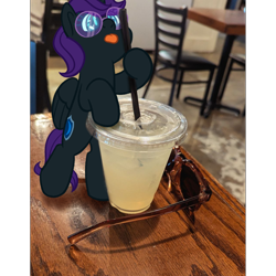Size: 1280x1280 | Tagged: safe, artist:_butterscotch, oc, oc:honey lavender, oc:nyx, fanfic:past sins, fanfic:variance: honey, alicorn, bipedal, black coat, blue eyes, chair, coffee shop, cup, cute, drink, female, filly, foal, g4, gift art, glasses, hind legs, honey lavender lemonade, imported from derpibooru, indoors, irl, juice, lemonade, namesake, nyxabetes, ocbetes, photo, ponies in real life, pony, pun, purple hair, sipping, small pony, smol, solo, sunglasses, table, tongue out, vertical, visual pun