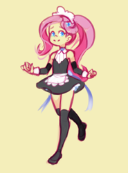 Size: 847x1145 | Tagged: safe, artist:drantyno, fluttershy, banned from derpibooru, clothes, cute, equestria girls, female, fluttermaid, imported from twibooru, lolicon, maid, shyabetes, simple background, socks, stockings, thigh highs, underage, yellow background, younger