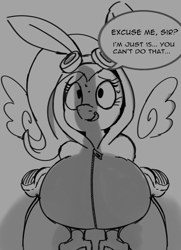 Size: 1301x1793 | Tagged: suggestive, fluttershy, anthro, artist needed, banned from derpibooru, big breasts, breasts, busty fluttershy, clothes, costume, dangerous mission outfit, female, goggles, grayscale, hoodie, huge breasts, implied foalcon, imported from twibooru, lolicon, looking up, monochrome, pegasus, phallic shadow, sweat, sweatdrops, talking, underage