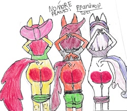 Size: 874x761 | Tagged: questionable, artist:pipandwolf, apple bloom, scootaloo, sweetie belle, anthro, banned from derpibooru, cutie mark crusaders, female, imported from twibooru, lolicon, spanked, underage