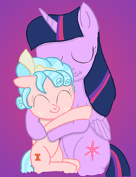 Size: 2051x2654 | Tagged: safe, artist:j2xp, twilight sparkle, ^^, a better ending for cozy, alicorn, cozy glow, cozylove, cute, daaaaaaaaaaaw, duo, duo female, eyes closed, female, filly, foal, g4, gradient background, hug, imported from derpibooru, mare, pegasus, pony