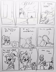 Size: 2225x2869 | Tagged: safe, artist:pony quarantine, oc, oc:anon, oc:dyx, oc:ponyquarantine, series:pq funnies, alicorn, bait and switch, benihana, chef, chef's hat, comic, comic strip, dialogue, earth pony, female, filly, foal, grayscale, hat, human, imported from derpibooru, oc only, pony
