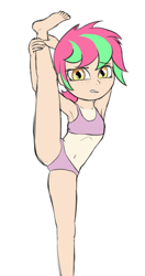 Size: 477x901 | Tagged: suggestive, artist:permpony, oc, oc:susie supreme, armpits, banned from derpibooru, belly button, bra, butt freckles, clothes, female, freckles, human, humanized, humanized oc, imported from twibooru, incorrect foot anatomy, leg grab, leg lifted, lolicon, looking at you, panties, shoulder freckles, simple background, solo, standing splits, stretching, tan lines, uncomfortable, underage, underwear, white background