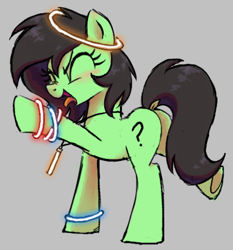 Size: 677x726 | Tagged: safe, artist:everlasting_stations, oc, oc:filly anon, blushing, butt, dancing, dock, earth pony, eyes closed, female, filly, foal, furrowed brow, glow bracelets, glowstick, imported from derpibooru, open mouth, plot, pony, solo, tail, tongue out, underhoof