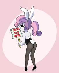 Size: 741x906 | Tagged: suggestive, artist:permpony, sweetie belle, abstract background, alternate hairstyle, banned from derpibooru, bunny suit, butt, clothes, commission, equestria girls, female, high heels, imported from twibooru, leotard, lolicon, looking back, playboy bunny, playboy bunny sweetie belle, ponytail, shoes, sign, solo, spongebob reference, sweetie butt, underage