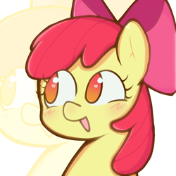 Size: 2000x2000 | Tagged: safe, artist:klauztrz, artist:klauztrzponk!, apple bloom, adorabloom, bust, cute, earth pony, female, filly, foal, g4, heart, heart eyes, imported from derpibooru, looking at someone, no pupils, pony, simple background, smiling, wingding eyes, zoom layer