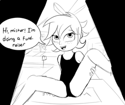 Size: 859x724 | Tagged: questionable, artist:permpony, oc, oc:susie supreme, banned from derpibooru, black and white, bow, butt freckles, clothes, dialogue, female, freckles, grayscale, hair bow, house, human, humanized, humanized oc, imported from twibooru, leg grab, leotard, lolicon, looking up, mailbox, monochrome, presenting, sketch, smiling, solo focus, spread legs, spreading, underage