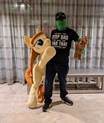 Size: 1805x2131 | Tagged: safe, artist:azgchip, artist:mareoinaddict, artist:peruserofpieces, button mash, oc, oc:anon, oc:cream heart, bipedal, bipedal leaning, blue eyes, cap, clothes, colt, curtains, earth pony, female, foal, g4, hat, holding a pony, imported from derpibooru, indoors, irl, leaning, life size, male, mare, mare fair, photo, plushie, pony, shirt, trio