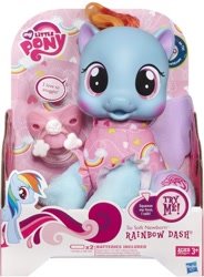 Size: 1106x1500 | Tagged: safe, rainbow dash, baby, baby dash, baby pony, blushing, box, box cover, diaper, diaper dash, electronic toy, female, filly, filly rainbow dash, foal, g4, g4 logo, hasbro, hasbro logo, high res, hub logo, implied snuggling, imported from derpibooru, irl, logo, mare, my little pony logo, newborn, official, pacifier, pegasus, photo, pony, purple wings, simple background, so soft, so soft newborn rainbow dash, speech bubble, the hub, toy, white background, wings, younger