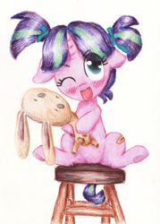 Size: 2260x3164 | Tagged: safe, artist:cxevaleto, starlight glimmer, band-aid, blushing, cute, female, filly, filly starlight glimmer, foal, g4, glimmerbetes, happy, horn, imported from derpibooru, one eye closed, open mouth, open smile, pigtails, plushie, pony, simple background, smiling, stool, traditional art, unicorn, white background, younger