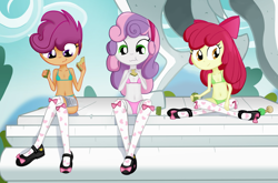 Size: 1357x896 | Tagged: suggestive, artist:ohohokapi, apple bloom, scootaloo, sweetie belle, :t, banned from derpibooru, belly button, blue underwear, bra, child, clothes, crossed legs, cutie mark crusaders, eating, edit, equestria girls, exhibitionism, female, food, imported from twibooru, lolicon, mary janes, panties, sandwich, shoes, sitting, smiling, socks, thigh highs, tomboy taming, trio, trio female, underage, underwear, underwear aside, underwear edit