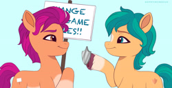 Size: 3833x1955 | Tagged: safe, artist:zephyrcrocus, oc, badge, brother and sister, colt, duo, duo male and female, earth pony, female, filly, foal, g5, imported from derpibooru, looking at each other, looking at someone, male, offspring, parent:hitch trailblazer, parent:sunny starscout, parents:starblazer, pony, siblings, sign