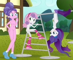 Size: 1248x1024 | Tagged: explicit, artist:ohohokapi, rarity, sweetie belle, 1000 hours in ms paint, banned from derpibooru, blushing, boots, breasts, clothes, cookie crumbles, covering, edit, edited edit, equestria girls, female, imported from twibooru, lolicon, nipples, nude edit, nudity, pearl, playground, riding crop, shoes, shoes only, underage, upside down, vulva